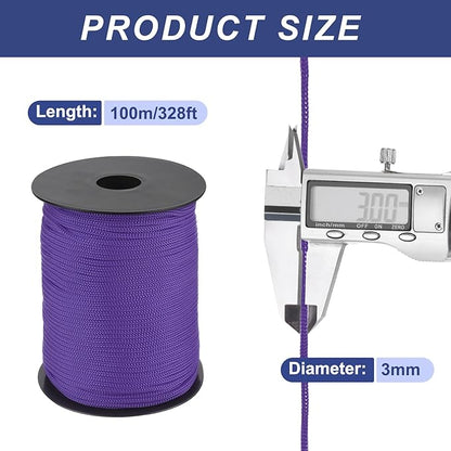 MECCANIXITY 1/8 Inch Polypropylene Rope Braided Ropes, 328ft Nylon Rope Hollow Utility Cord for Clothesline, Camping, Hiking, Outdoor, Dark Purple