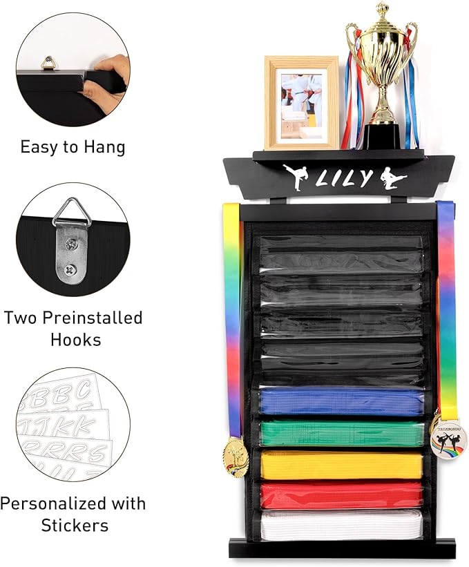 Tilhumt 12/10 Belts Karate Belt Display Rack with Stickers, Taekwondo Belt Display with Trophy/Photo Rack, Felt Dustproof Design, Easy to Put in Belt, Martial Arts Belt Display for Adults