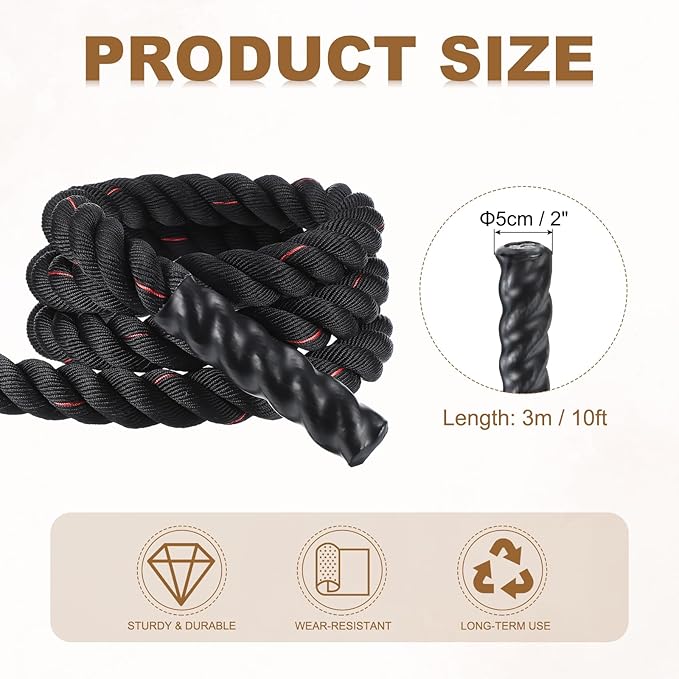 MECCANIXITY Battle Rope 10ft x 2 Inch Polyester Workout Rope Heavy Fitness Exercise Rope for Strength Training Home Gym Muscle Building, Black Red