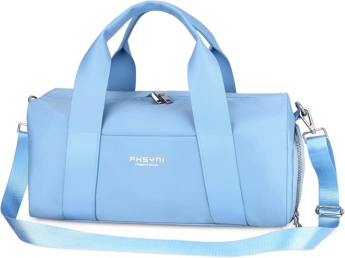 Compact Sports Gym Bag for Women, Cute Mini Duffle Bag with Wet Pocket & Shoes Compartment, Personal Item Travel Workout Bag, 16"- Small, Sky Blue