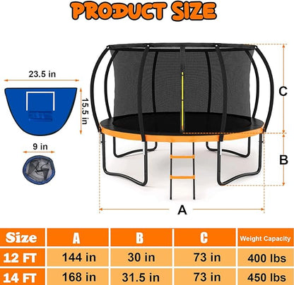 Trampoline 12FT 14FT 15FT 16FT for Kids/Adults - Outdoor Recreational with Enclosure Net Curved Poles and Ladder, Heavy Duty Anti-Rust Coating, ASTM Approval