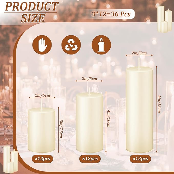 36 Pcs Ivory Pillar Candles Bulk Set，Hurricane Candlesï¼? Different Lengths 2 x 3/4/6 Inch (12 Each)，Dripless Unscented Smokeless，Gives You a Better Atmosphere When Organizing an Event Party.
