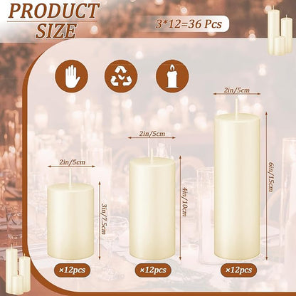 36 Pcs Ivory Pillar Candles Bulk Set，Hurricane Candlesï¼? Different Lengths 2 x 3/4/6 Inch (12 Each)，Dripless Unscented Smokeless，Gives You a Better Atmosphere When Organizing an Event Party.