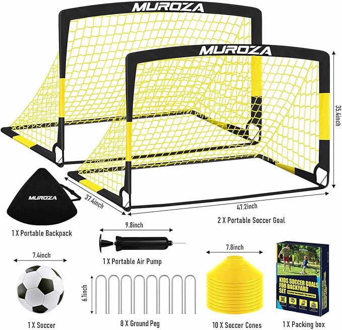 Soccer Goal, Kids Soccer Goals for Backyard Set, 2 Pack of Portable Pop Up Soccer Net with Soccer Ball, Cones, Complete Training Equipment for Youth, Toddler Outdoor Sports Games