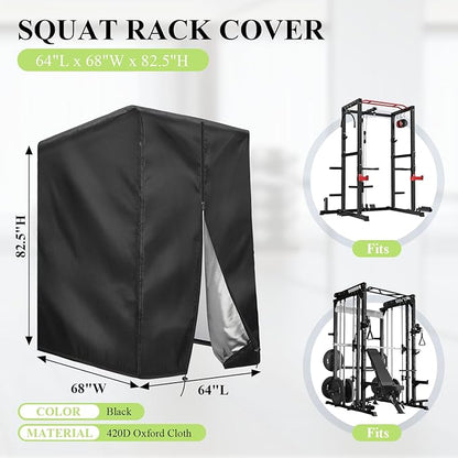 Squat Rack Cover with Waterproof Zipper, Protective Cover for Power Cage/Weight Lifting Rack/Weight Cage/Power Racks for Home Gym Equipment Storage-Indoor & Outdoor Use, 64" x 68" x 82.5"