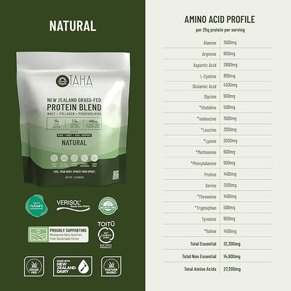 Taha Health & Nutrition Mind + Body Protein Blend ??Natural, Unflavored | 25g Protein from Whey & Collagen + 400mg Milk Phospholipids | Grass-Fed, Free-Range New Zealand Dairy | 2LB