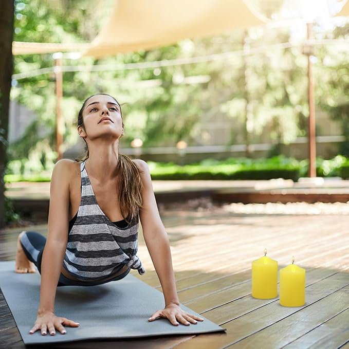 4 Packs 2x3 Inch Yellow Citronella Pillar Candles, Small Dripless Colored Lemongrass Scented Column Cylinder Candles for Patio Home Outside Garden Camping in Summer - 24 Hours Burning