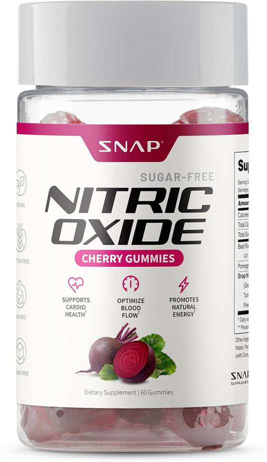 Snap Supplements Beet Root Gummies, Nitric Oxide Supplement with Organic Beets, Vitamins, Pomegranate and Antioxidants for Energy, Heart Health & Circulation Support, 60 Sugar Free Gummies, Cherry