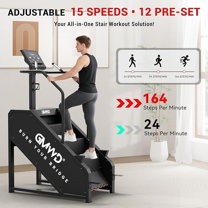 Stepper Machine, GMWD Stair Climber with LED Screen, Commercial Grade Stair Stepper Exercise Machine with 15 Resistance Levels, 441LBS, 24-164 Steps/Minute, Black