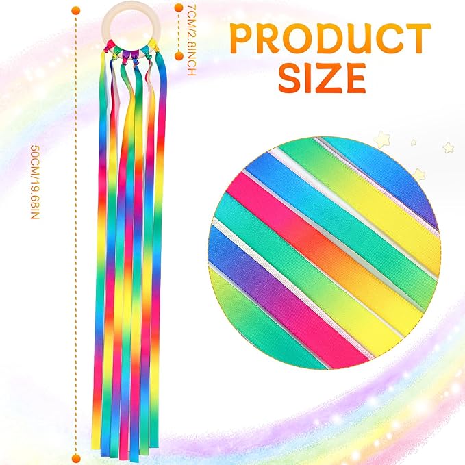 12 Pcs Rainbow Ribbon Wooden Waldorf Toys Creative Waldorf Hand Kite Set Streamers with Wood Ring Sensory Learning Educational Toy for Playroom Dancing Birthday (Gradient Color)