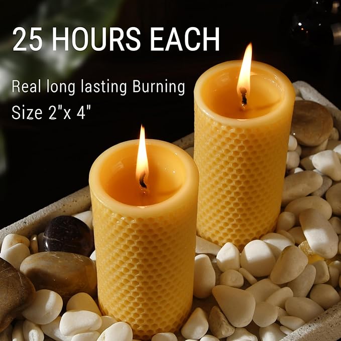 Natural Beeswax Pillar Candles 4 Packs - Honeycomb Surface - 100% Pure Beeswax Candles No Scent- for Emergency/Prayer/Relax (2inch Diameter, 4 inch Tall - Yellow)
