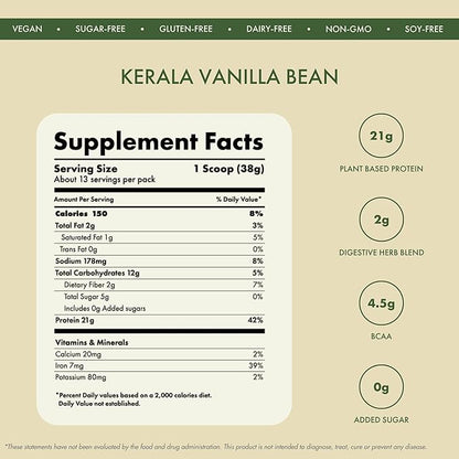 No Nonsense Plant Protein, Organic Brown Rice & Pea Isolate, Easy Digestion, 24G Protein/Serving, Gluten & Lactose Free Real Kerala Vanilla Bean 500 G (Pack of 1)