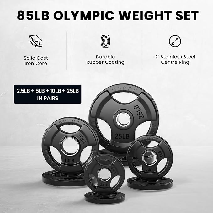 LIONSCOOL 2-Inch Rubber Olympic Grip Weight Plates for Strength Training, Weightlifting, Solid Cast Iron Plate for Barbell in Single/Pair/Set for Home & Gym (2.5-45LB), One Year Warranty