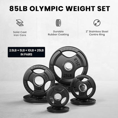 LIONSCOOL 2-Inch Rubber Olympic Grip Weight Plates for Strength Training, Weightlifting, Solid Cast Iron Plate for Barbell in Single/Pair/Set for Home & Gym (2.5-45LB), One Year Warranty