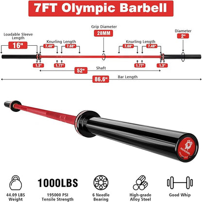 7ft Olympic Barbell, Weightlifting Barbell 28mm 45lb - 500/700/1000lbs Capacity with Smooth Spinning Sleeves, Olympic Bar Fits 2" Olympic Plates, for Snatch Clean Jerk - Home Gym Training