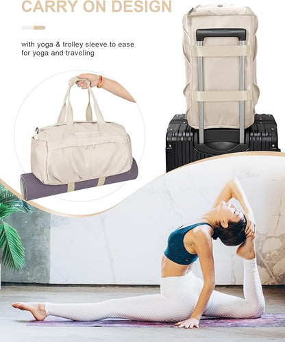 Gym Bag for Women Men, Sport Duffel Bag with Toiletry Bag & Shoe Compartment,Waterproof Travel Weekender Overnight Carry on Bag for Yoga with Trolley Sleeve, Beige Set