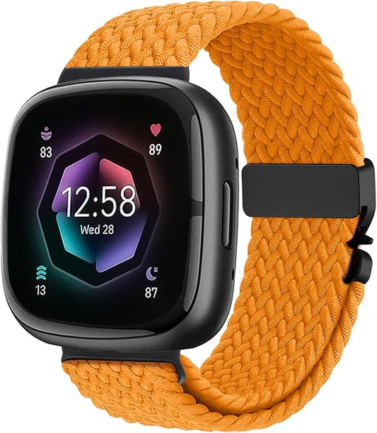 Braided Stretchy Band for Fitbit Versa 4/Versa 3/Sense 2/Sense Watch Band Women Men,Parachute-style Buckle Nylon Sport Wristband Soft Fabric Elastic Loop Strap Accessories for Versa 4/3