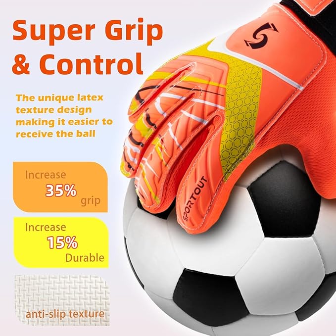Sportout Kids Goalkeeper Gloves, Soccer Gloves with Double Wrist Protection and Non-Slip Wear Resistant Latex Material to Give Protection to Prevent Injuries