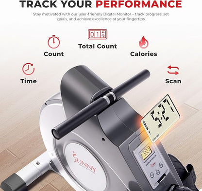 Sunny Health & Fitness Flip & Foldable Rowing Machine for Home w/Extended Slide Rail, Full-Body Workout, Low-Impact, Optional Extra Long Rail, Quiet Rail Cover, Water Motion and Free SunnyFit App
