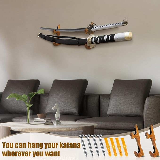 Chunful 2 Pcs Sword Wall Mount Sword Holder Katana Stand 1 Tier Hanger Adjustable Wooden Mounts for Samurai (7.01 x 2.3 x 1.22 Inches,Old Brown)