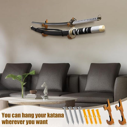 Chunful 2 Pcs Sword Wall Mount Sword Holder Katana Stand 1 Tier Hanger Adjustable Wooden Mounts for Samurai (7.01 x 2.3 x 1.22 Inches,Old Brown)