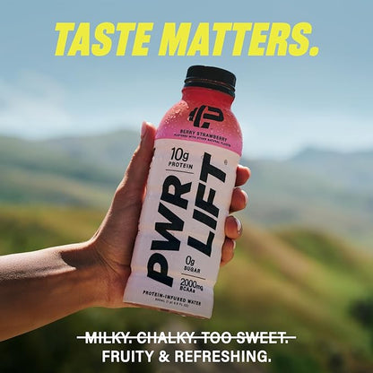 Whey Protein Water Sports Drink by PWR LIFT | Berry Strawberry | Keto, Vitamin B, Electrolytes, Zero Sugar, 10g of Protein | Post-Workout Energy Beverage | 16.9 Fl Oz (Pack of 12)