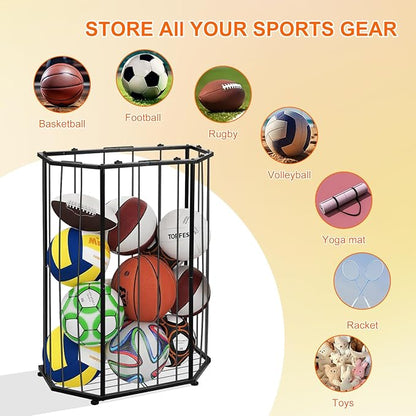 Garage Ball Storage Rack,with Bungee Cord Sports Equipment Organizer,Can be Wall-Mounted & Floor-Mounted Mount,FitBasketball,Footbal,Volleyball,Gym,and Garage Ball Storage (Black)