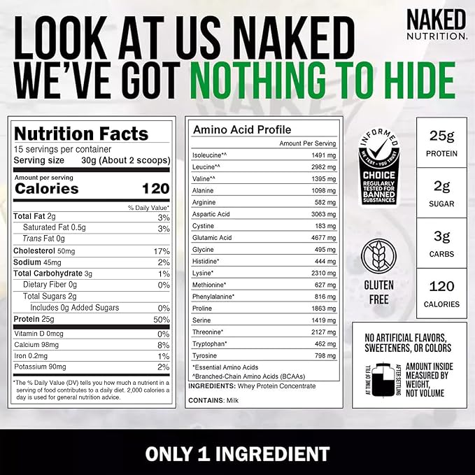 NAKED Whey 1Lb - Only 1 Ingredient, Grass Fed Whey Protein Powder, Undenatured, No Gmos, No Soy, Gluten Free, Stimulate Growth, Enhance Recovery - 15 Servings