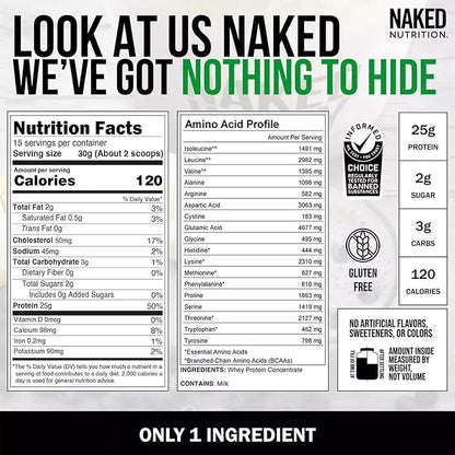 NAKED Whey 1Lb - Only 1 Ingredient, Grass Fed Whey Protein Powder, Undenatured, No Gmos, No Soy, Gluten Free, Stimulate Growth, Enhance Recovery - 15 Servings