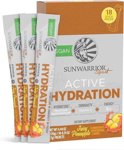 Sunwarrior Hydration Powder Electrolyte Packets Powder B12 Elderberry | Juicy Pineapple Flavored 18 Stick Packs 126g Pouch | Vegan and Plant-Based Sugar Free