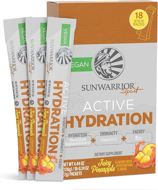 Sunwarrior Hydration Powder Electrolyte Packets Powder B12 Elderberry | Juicy Pineapple Flavored 18 Stick Packs 126g Pouch | Vegan and Plant-Based Sugar Free