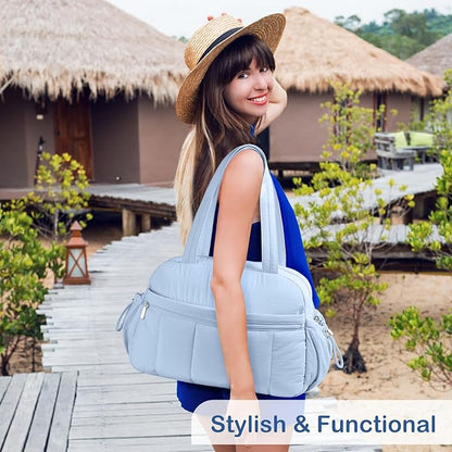 TOPDesign Travel Duffel Bag for Women, Puffer Gym Bag Sports Tote with Wet Pocket, Carry On Weekender with Luggage Sleeve (Ocean Blue)