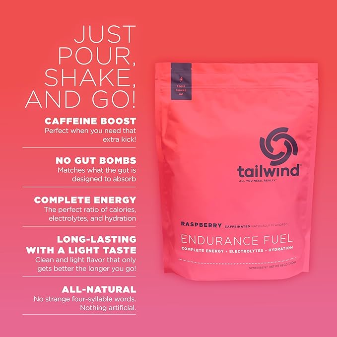 Tailwind Nutrition Endurance Fuel, Carbohydrate & Electrolyte Sports Drink Mix Powder, Gluten-Free, Vegan, Raspberry Buzz, 50 Servings (Caffeinated)