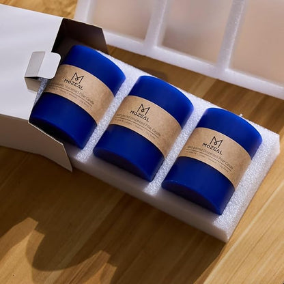 MOZEAL 3" x 4" Hand-Poured Unscented Candle, Dripless Pillar Candle Set of 3, Long Clean Burning, Approx 72 Hours Burn Time, Rustic Country Style, Wedding, Winter, Home Decor, Royal Blue