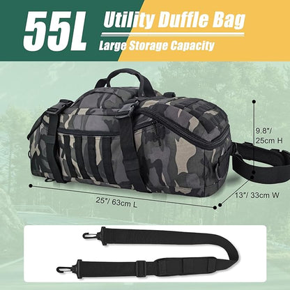 55L Large Travel Gym Duffle Bag Military Tactical Backpack, Army Pack 3 Day Bug Out Bag Rucksack for Outdoor Sport Hiking Camping with Molle System, Black Camo