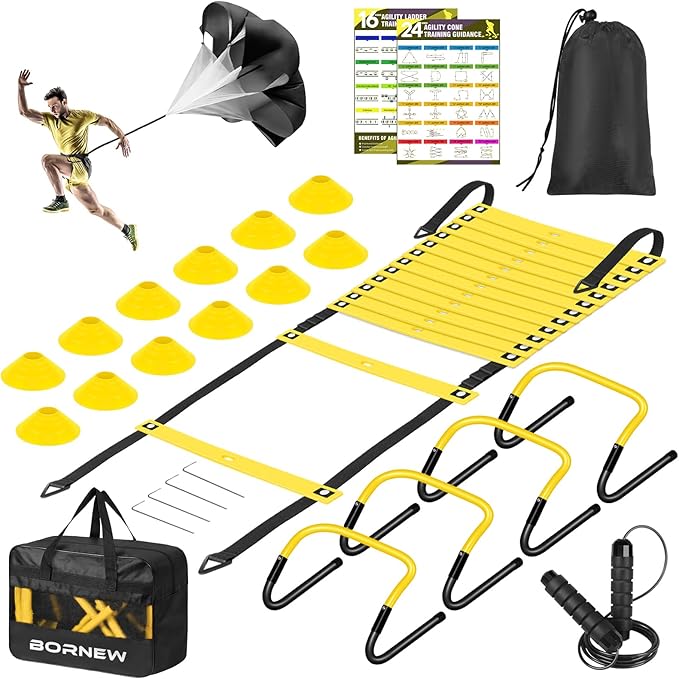 Soccer Training Equipment, Agility Speed Training Set with 20ft Speed Ladder, 12 Cones, 4 Adjustable Hurdles, Jump Rope, Parachute | Ideal for Basketball, Football Practise, for Kids, Youth, Adults