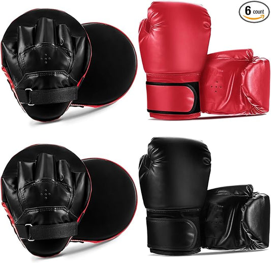 4-in-1 2 Pairs 8 oz Boxing Gloves and 4 Pcs Punching Mitts Set for Kids Men Women, Boxing Gloves Pads Equipment Set for Training Kickboxing MMA Karate Muay Thai Martial Arts