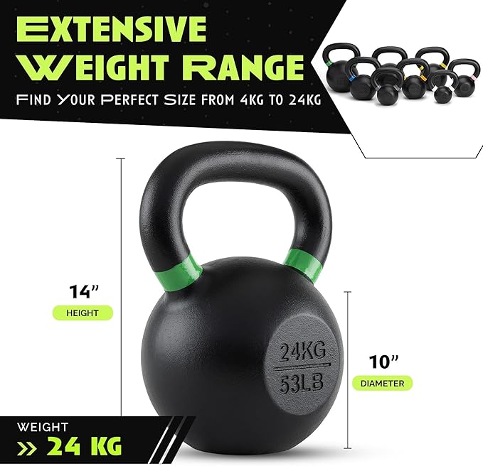 Single Cast Iron Kettlebell | Powder Coated - Wide Handle Weights for Core & Glute Workouts; Swings, Squats, Deadlifts; Strength, Endurance & Flexibility for Men & Women
