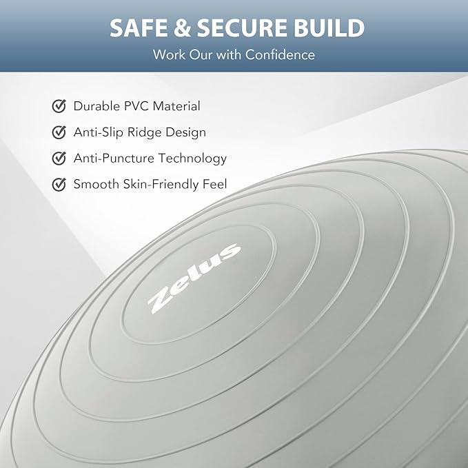 ZELUS Balance Ball Trainer with Resistance Bands and Foot Pump, Inflatable Yoga Ball for Home Gym Workouts, 23 Inch Exercise Half Ball for Balance Training Core Strength Fitness More, 330lb Cap