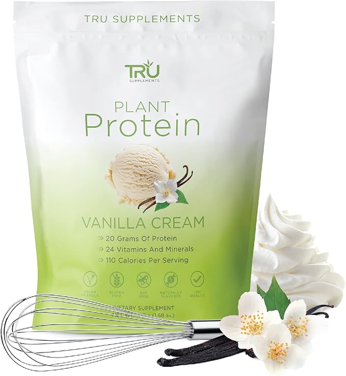 TRU Supplements Plant Based Protein Powder, BCAA, EAA, 20g Vegan Brown Rice & Pea Protein, 100 Calories, 27 Vitamins, No Artificial Flavors 25 Servings (Vanilla)