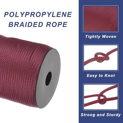 MECCANIXITY 5/32 Inch Polypropylene Rope Braided Ropes, 328ft Camping Rope Hollow Utility Cord for Clothesline, Hiking, Outdoor, Brick-red