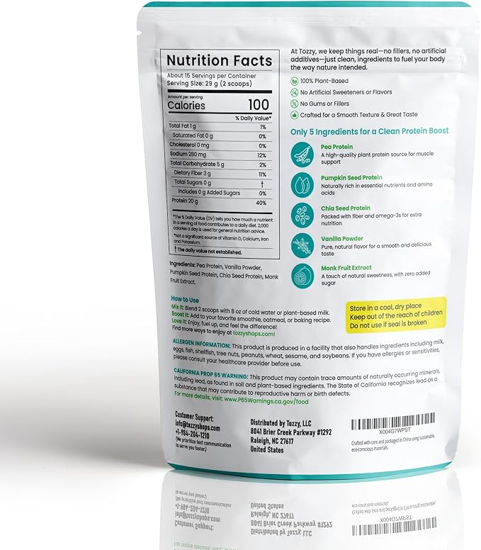 TOZZY Vegan Pea Protein Powder | Plant-Based Protein | Only 5 Simple Ingredients | 20g Protein, 100 Calories, 0g Sugar | Non-GMO, Vanilla
