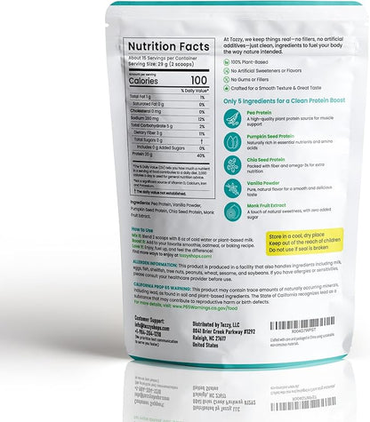 TOZZY Vegan Pea Protein Powder | Plant-Based Protein | Only 5 Simple Ingredients | 20g Protein, 100 Calories, 0g Sugar | Non-GMO, Vanilla