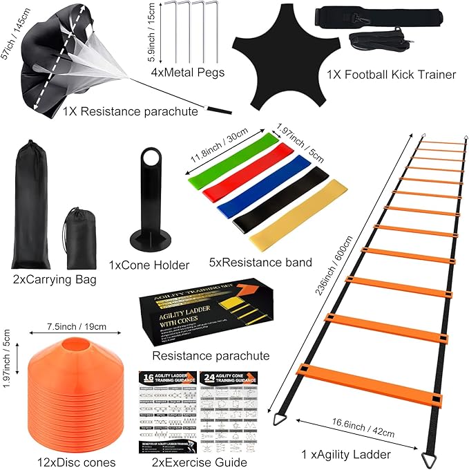 Speed Agility Ladder Soccer Training Equipment Set, 20ft Agility Ladder, 12 Soccer Cones, Running Parachute, Soccer Kick Trainer, 5 Resistance Bands, Football Soccer Training Equipment for Kids Adults