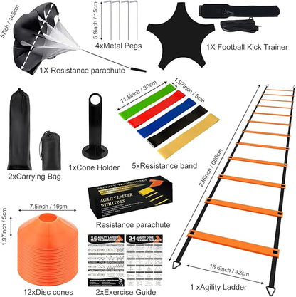 Speed Agility Ladder Soccer Training Equipment Set, 20ft Agility Ladder, 12 Soccer Cones, Running Parachute, Soccer Kick Trainer, 5 Resistance Bands, Football Soccer Training Equipment for Kids Adults