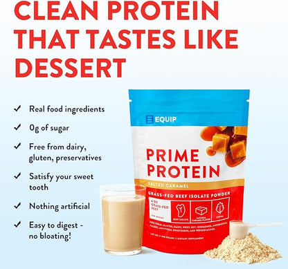 Equip Foods Prime Protein Powder | Clean, Grass Fed Beef Protein Powder, Carnivore Protein Isolate | Paleo, Keto Friendly, Gluten & Dairy Free, Helps Build & Repair Tissue| 30 Servings, Salted Caramel