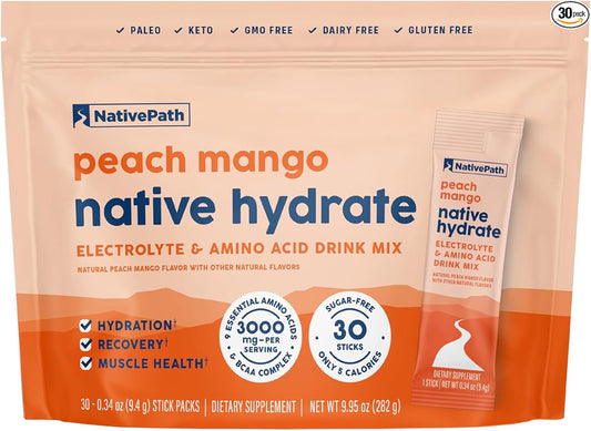 NativePath Native Hydrate Stick Packs, Sugar Free Electrolytes Powder with BCAAs, Peach Mango