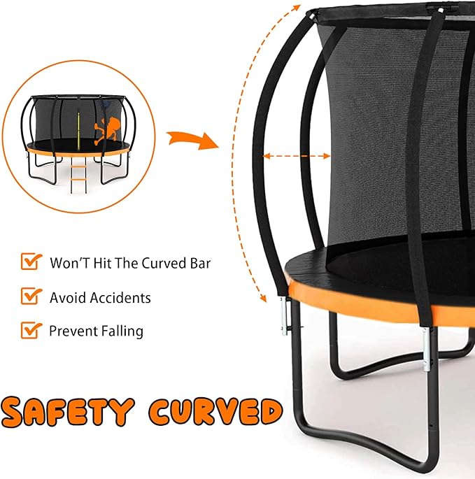 Trampoline 12FT 14FT 15FT 16FT for Kids/Adults - Outdoor Recreational with Enclosure Net Curved Poles and Ladder, Heavy Duty Anti-Rust Coating, ASTM Approval