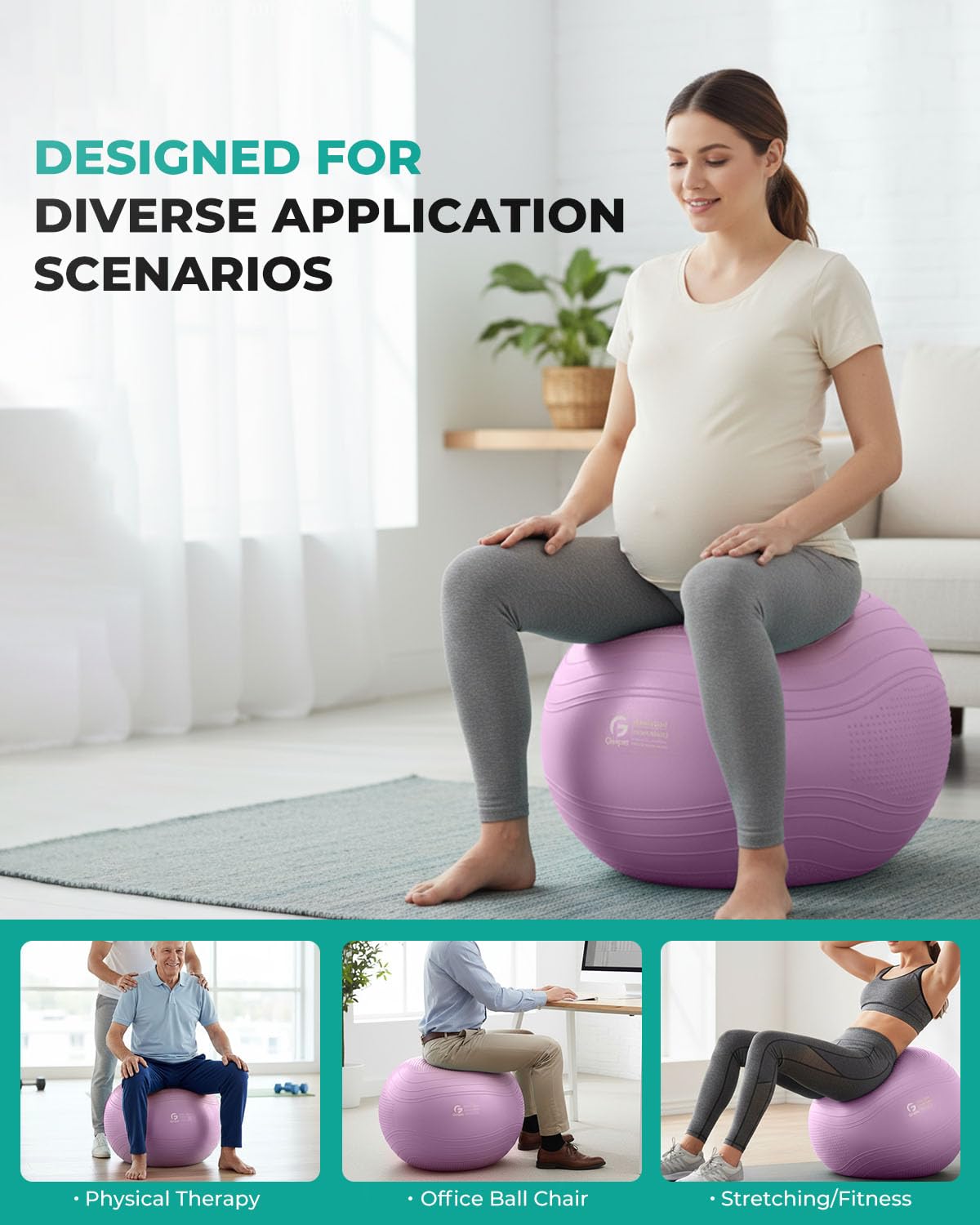 Gruper Yoga Ball, Extra Thick Exercise Ball for Workout Pregnancy Stability - 4 Sizes Anti Burst