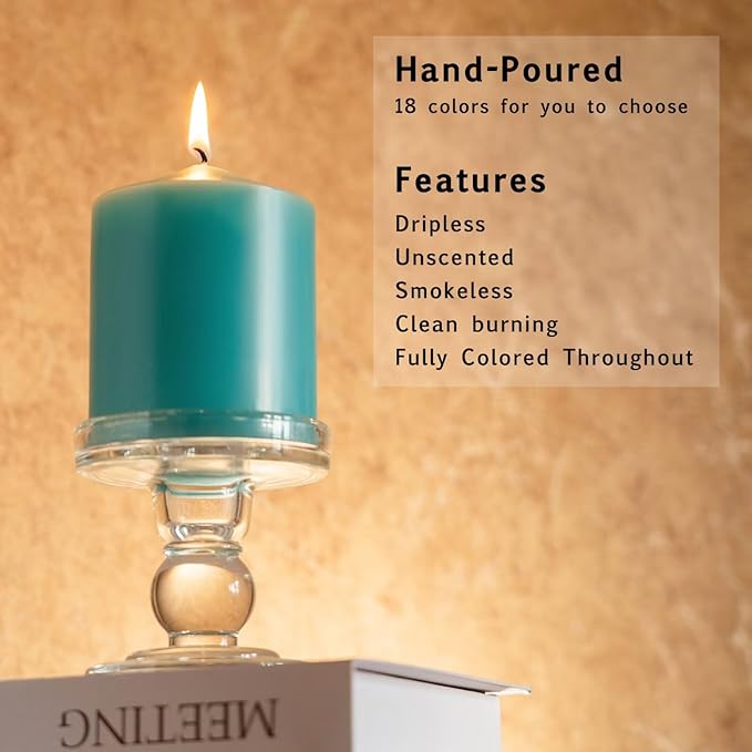MOZEAL 3" x 6" Hand-Poured Unscented Turquoise Pillar Candles,Dripless Candles Set of 3,Long Lasting Burning,Approx 100 Hours Burn Time for Wedding,Dinner,Christmas and Home Decor